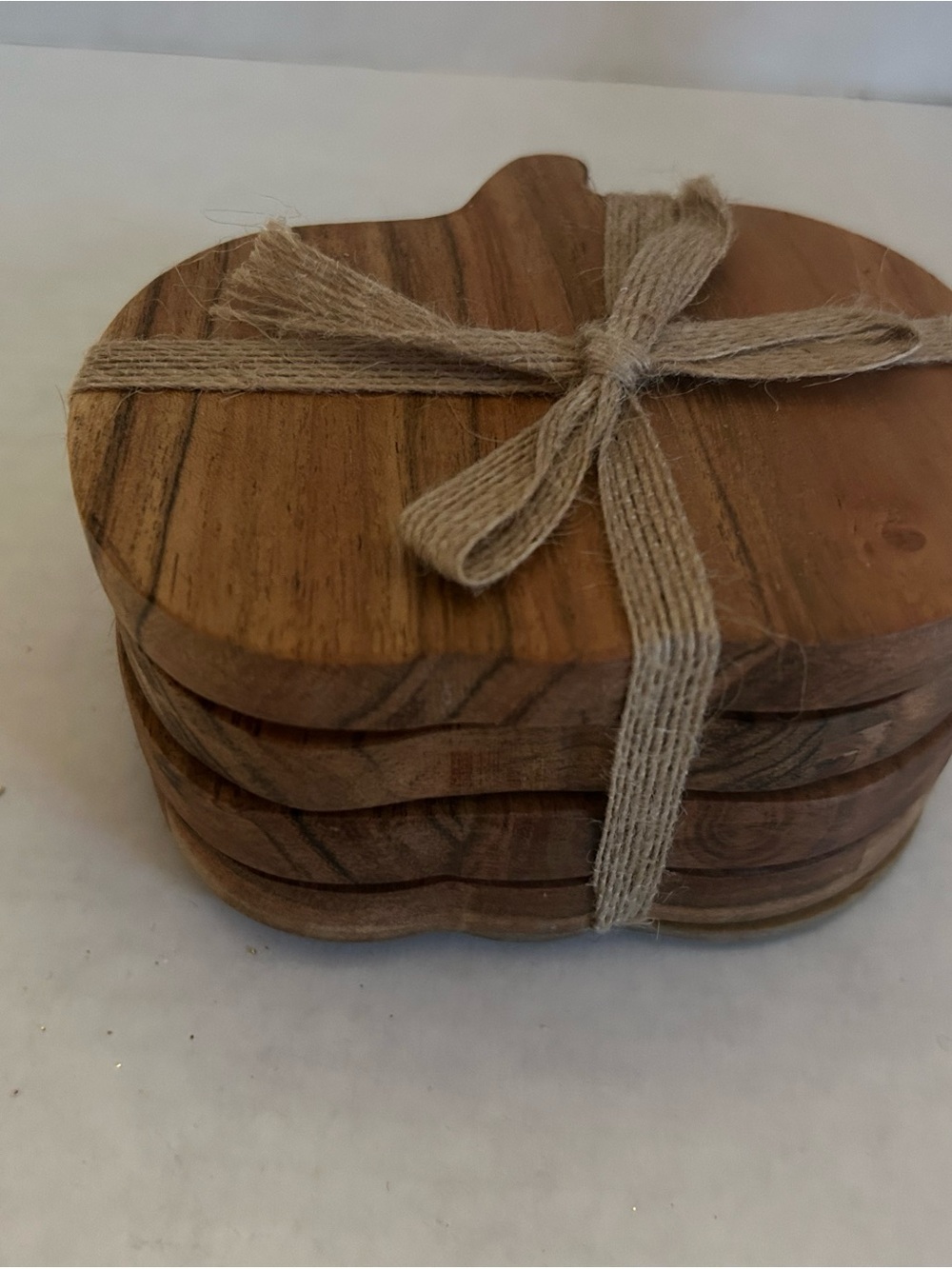 Holiday Pumpkin Shaped Wood Coaster Set of 4 Natural Brown with Jute Tie NWNT